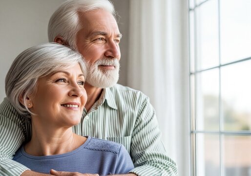 Affectionate senior couple with silver hair gazing out window together