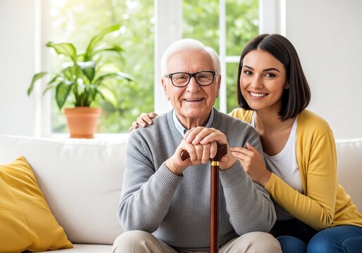 Happy Senior Man and Young Woman Smiling Together in a Home Setting