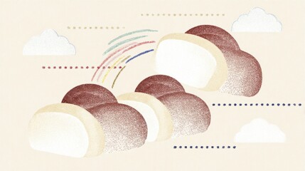 A whimsical illustration of fluffy pastries against a pastel background, featuring clouds and a colorful rainbow.