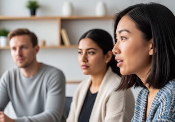 Young Asian businesswoman actively participating in a team meeting or discussion with colleagues.