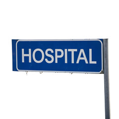 A blue hospital sign with white lettering mounted on a metal pole outdoors