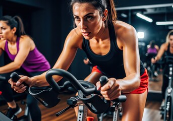 Focused Young Woman Exercising on a Stationary Spin Bike in a Modern Gym