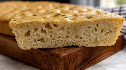 A close-up of freshly baked focaccia bread showcasing its airy texture and golden crust, resting on a wooden board.
