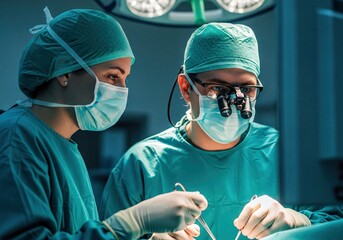Team of Surgeons Performing Delicate Medical Procedure in Bright Operating Room