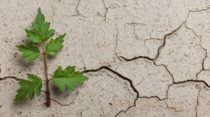 A green sprig contrasts against cracked, dry soil, symbolizing resilience and hope amidst harsh conditions.