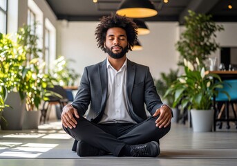 African American Businessman Meditating Mindfully in Modern Office Environment for Stress Relief and Focus