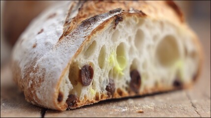 A close-up of a freshly baked bread loaf, showcasing its airy texture and chocolate chips nestled inside.