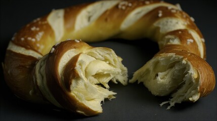 A freshly baked pretzel, torn apart, showcases its golden-brown crust and soft, chewy interior, appealing to snack enthusiasts.