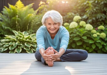 Smiling Senior Woman Stretching on Outdoor Deck, Practicing Healthy Yoga Poses for Wellness