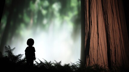 A child stands in front of a giant tree, immersed in a serene forest setting, creating a sense of wonder and connection with nature.