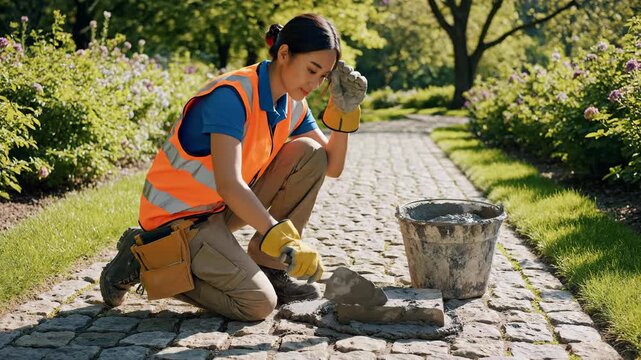Worker repairing stone pathway in sunny park during daytime construction activity