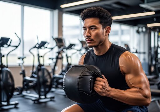 Determined Muscular Man Training with Medicine Ball in Modern Gym for Strength and Fitness