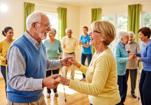 Cheerful Older Adults Enjoying a Group Dance and Movement Class