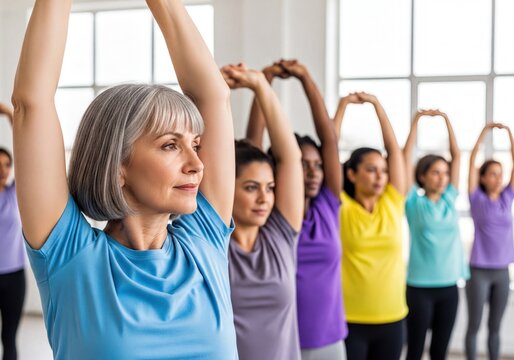 Group of diverse women stretching and exercising together in a fitness class for health and wellness