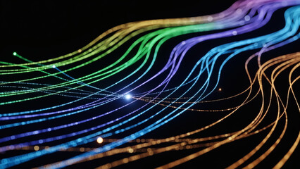 Abstract glowing multicolored light trails flowing through darkness