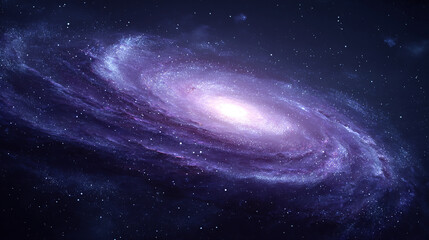 Spiral galaxy glowing purple in a dark starry sky, slowly rotating and zooming in, creating a 3D nebula animation perfect for meditation, relaxation music, and cosmic visualization experiences