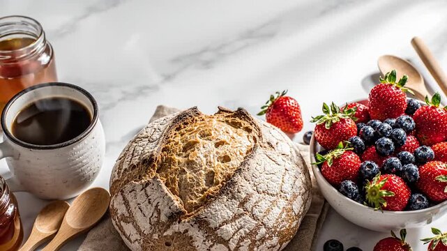 Delicious breakfast spread with bread berries coffee and honey.