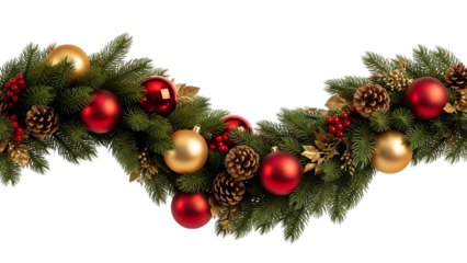 Festive christmas garland with ornaments and pinecones isolated on transparent background