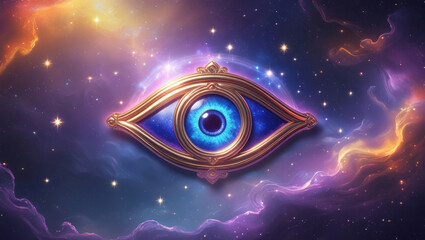 Celestial Cosmic Evil Eye Protection with space aurora background