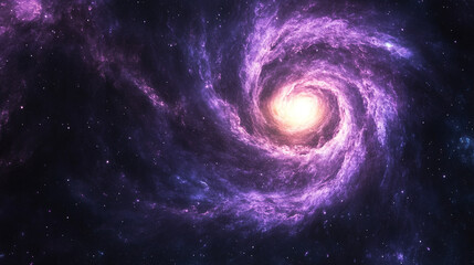 Spiral galaxy glowing purple in a dark starry sky, slowly rotating and zooming in, creating a 3D nebula animation perfect for meditation, relaxation music, and cosmic visualization experiences