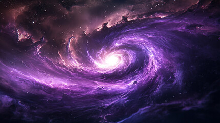 Spiral galaxy glowing purple in a dark starry sky, slowly rotating and zooming in, creating a 3D nebula animation perfect for meditation, relaxation music, and cosmic visualization experiences