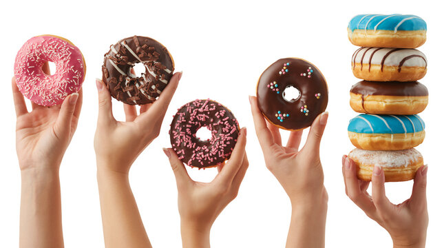 Delicious donuts held by hands, treat temptation, sweet indulgence