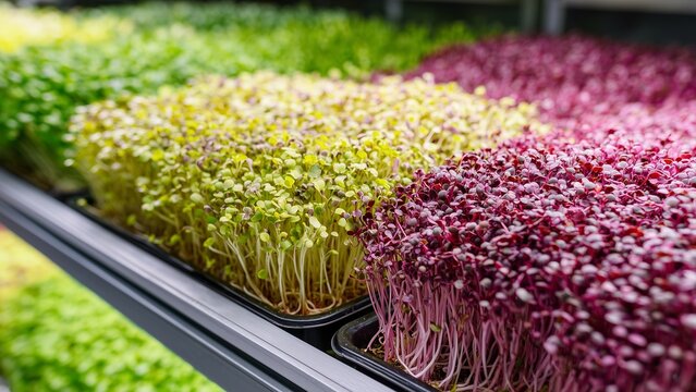Close-up Microgreens in High-Tech Greenhouse, Minimalist Gourmet Microgreen Tray Layout, Ultra-Clean Chef-Grade Microgreens Shot, Fresh Vibrant Microgreens Premium Farming, Modern Microgreen   Cultiva