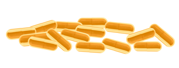 pile of brightly colored orange and yellow oblong medical capsules clustered together, representing pharmaceutical drugs, nutritional supplements, chronic care, and modern medicine on black.