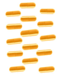 bright orange and yellow pharmaceutical capsules arranged in a neat vertical pattern, illustrating nutrition, supplements, medication, and the health industry against a solid black backdrop.