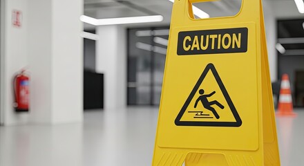 A yellow caution sign with a man falling on a wet floor in a modern office building.