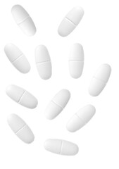array of white oblong scored tablets scattered vertically against a transparent background, representing prescription medication, vitamin supplements, pain relief, and pharmaceutical science.