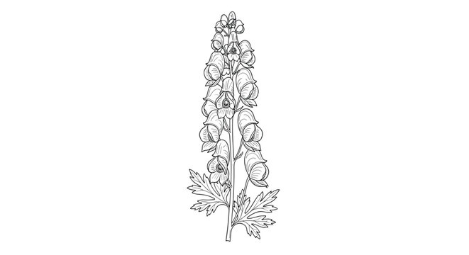Monochrome botanical illustration of the highly poisonous aconite, or monkshood, flower, hand-drawn in a detailed line art style.