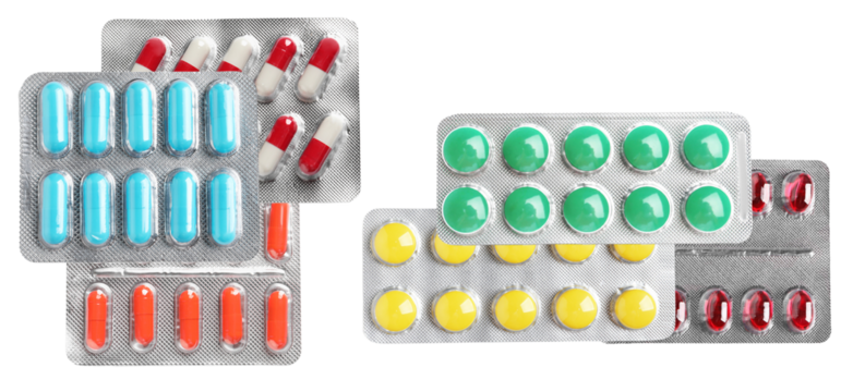 assortment of multi-colored medicine pills and capsules sealed in silver foil blister packs, symbolizing diverse pharmaceutical treatments, global healthcare, and modern drug distribution.