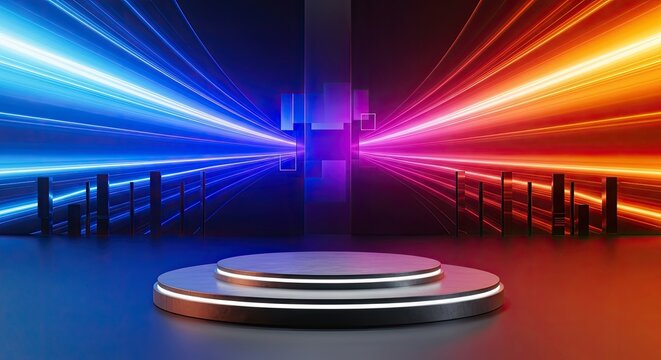 A futuristic, neon-lit stage with a circular platform in the center, surrounded by vibrant, colorful light trails.