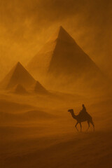A lone traveler on a camel moving through a golden sandstorm with the pyramids visible in the background.