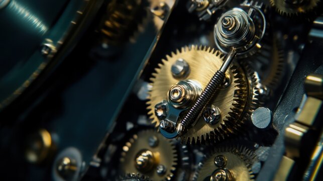 a detailed glimpse into the intricate inner workings of clockwork, showcasing gears and springs with a sophisticated, mechanical aesthetic
