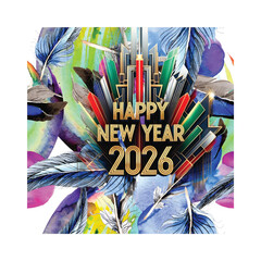 Vibrant Art Deco Happy New Year 2026 Design with Watercolor Feathers and Gatsby-Style Graphics