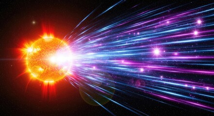 A vibrant cosmic explosion with purple and blue light streaks and a bright orange sun at the center, surrounded by stars and a black void.