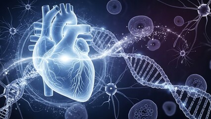Glowing human heart and dna helix in futuristic medical science concept
