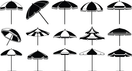 “Collection of beach umbrella and parasol silhouettes in various styles, detailed vector illustration set for summer themes, outdoor shading designs, and vacation projects” © Abida