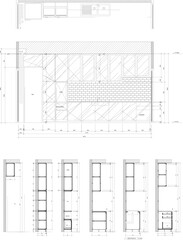 Built-in Interior Design Drawing with Glass Front Panel, Brick Texture Backdrop, and Construction Section Details for Study