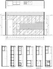 Built-in Interior Design Drawing with Glass Front Panel, Brick Texture Backdrop, and Construction Section Details for Study