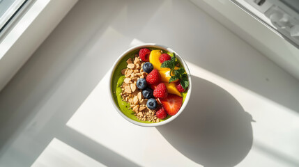 Fresh Green Smoothie Bowl with Berries and Nuts in Sunlit Kitchen