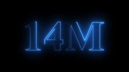 Glowing neon light 14M followers or subscribers celebration text animation on black background, Number 14M Neon Futuristic Effect, Trendy Glow Lighting, 14M animation neon text effect motion. 4k