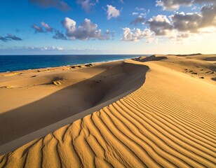 Rolling sand dunes meet the ocean under a partly cloudy sky, warm light caressing the scene