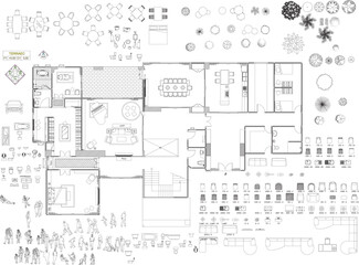 Interior Design 2D Drawing for Residential Furniture Layout and Technical Detail Components