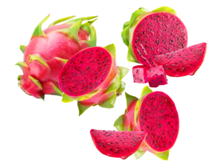 vibrant red dragon fruit, pitaya, presented whole and sliced into halves and quarters, showcasing the colorful flesh and black seeds.