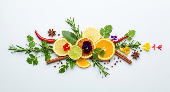 A colorful arrangement of citrus fruits, herbs, and spices on a white background.