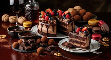 A table with a chocolate cake, macarons, and a glass of red wine.