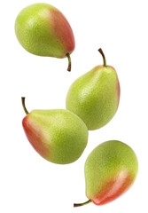 dynamic photograph of four fresh red and green pears suspended in mid-air or floating against a stark transparent background.